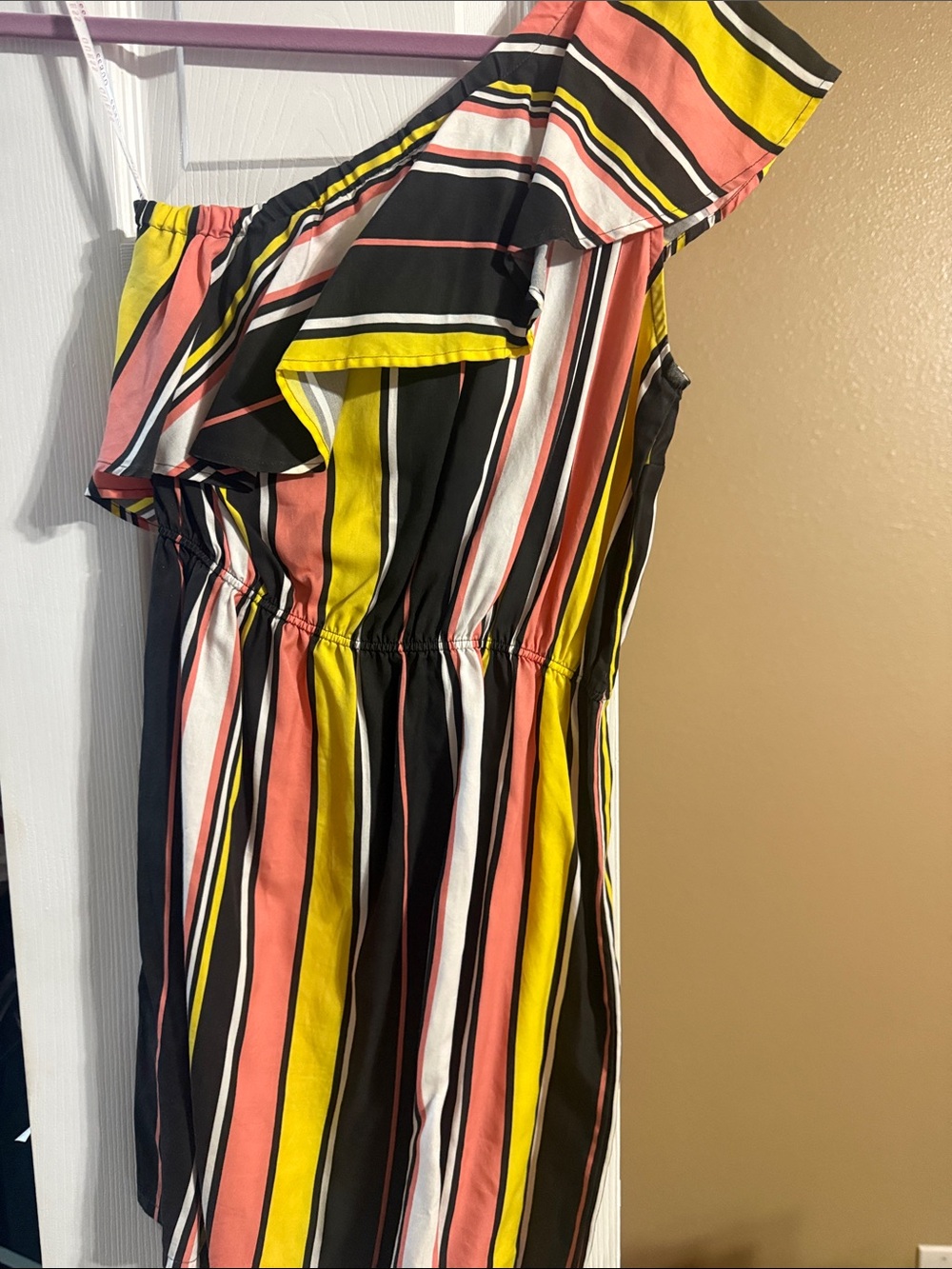 Guess One-Shoulder Striped Mini Dress in Black, Yellow, Coral, White - Picture 4 of 4